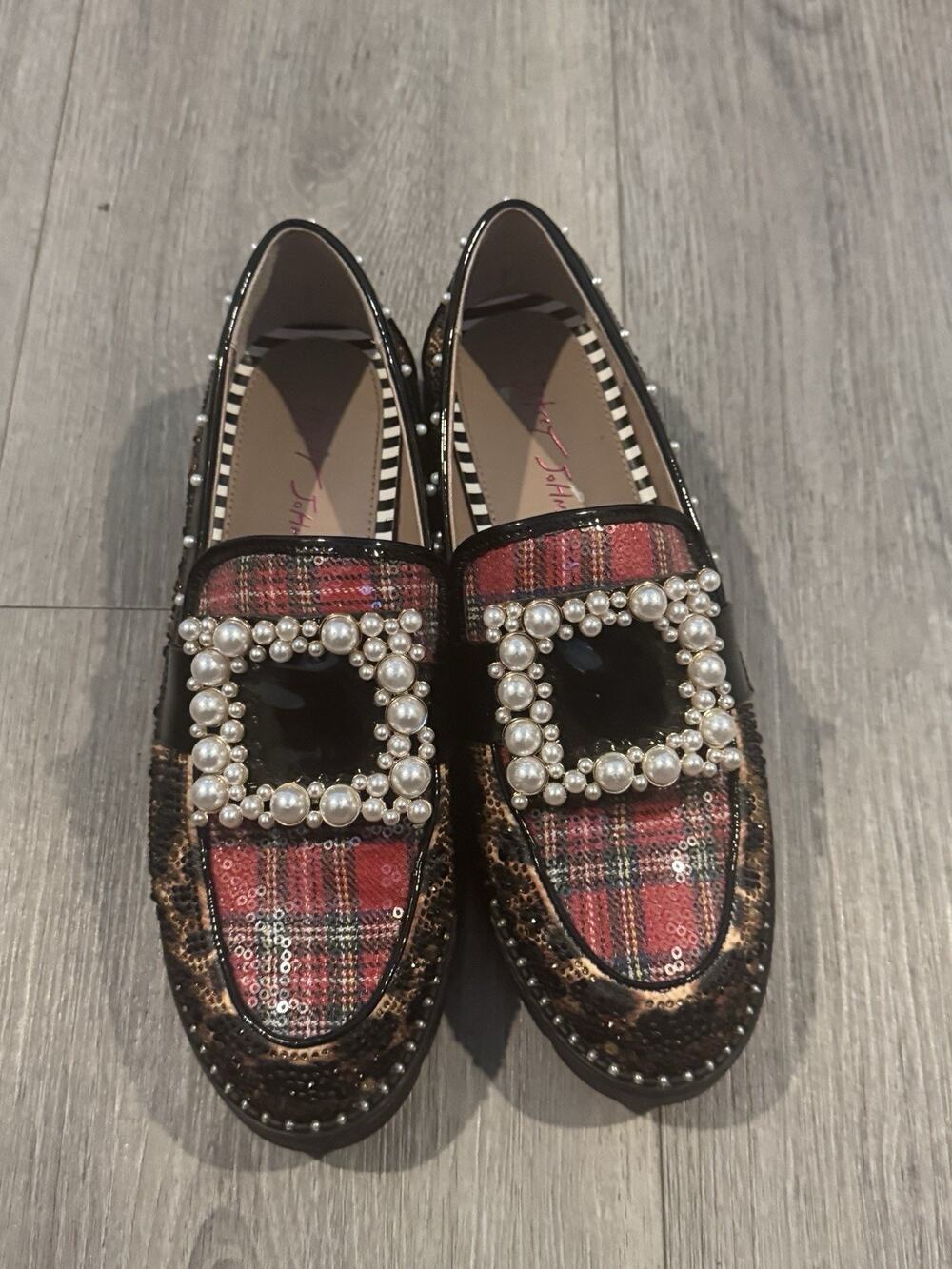 Betsy Johnson Marlie Plaid Loafers with Animal Print and Pearl Trim, Sz 8.5
